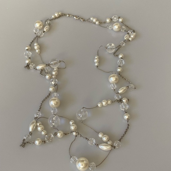 Necklace Two Strands Satellites Faux Acrylic Pearls & Beads Silver Tone 38” - Picture 4 of 11